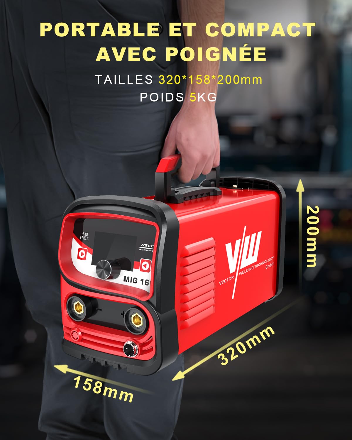 VECTOR WELDING Poste à Souder Fil Fourré Sans Gaz 160 A, Machine de Souder Inversor Mig Mag Portable avec écran LED, Soudeur à fil sans gaz MIG/MMA pour Débutants, IGBT MIG 160A Set