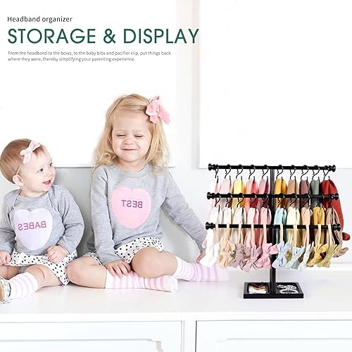 Miniatura 5 de POVETIRE Soporte para diadema de almacenamiento para bebé, organizador de lazo de madera de 3 niveles para lazos para el pelo de niñas, accesorios