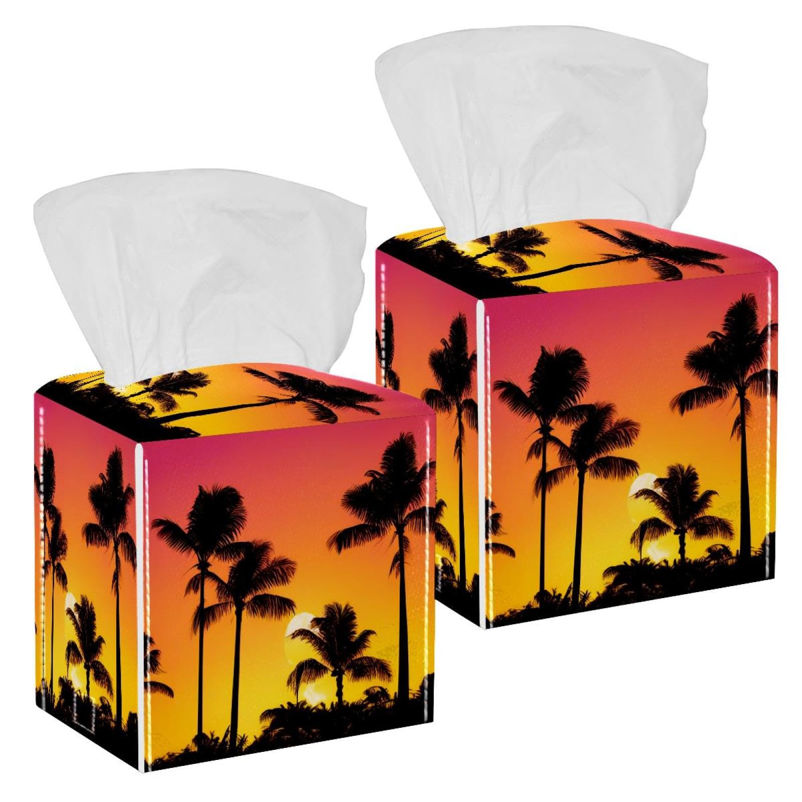 Coconut Tree Silhouette Tissue Box Cover, 2 Pack PU Leather Square Facial Tissue Dispenser Box holder for Home Office Car