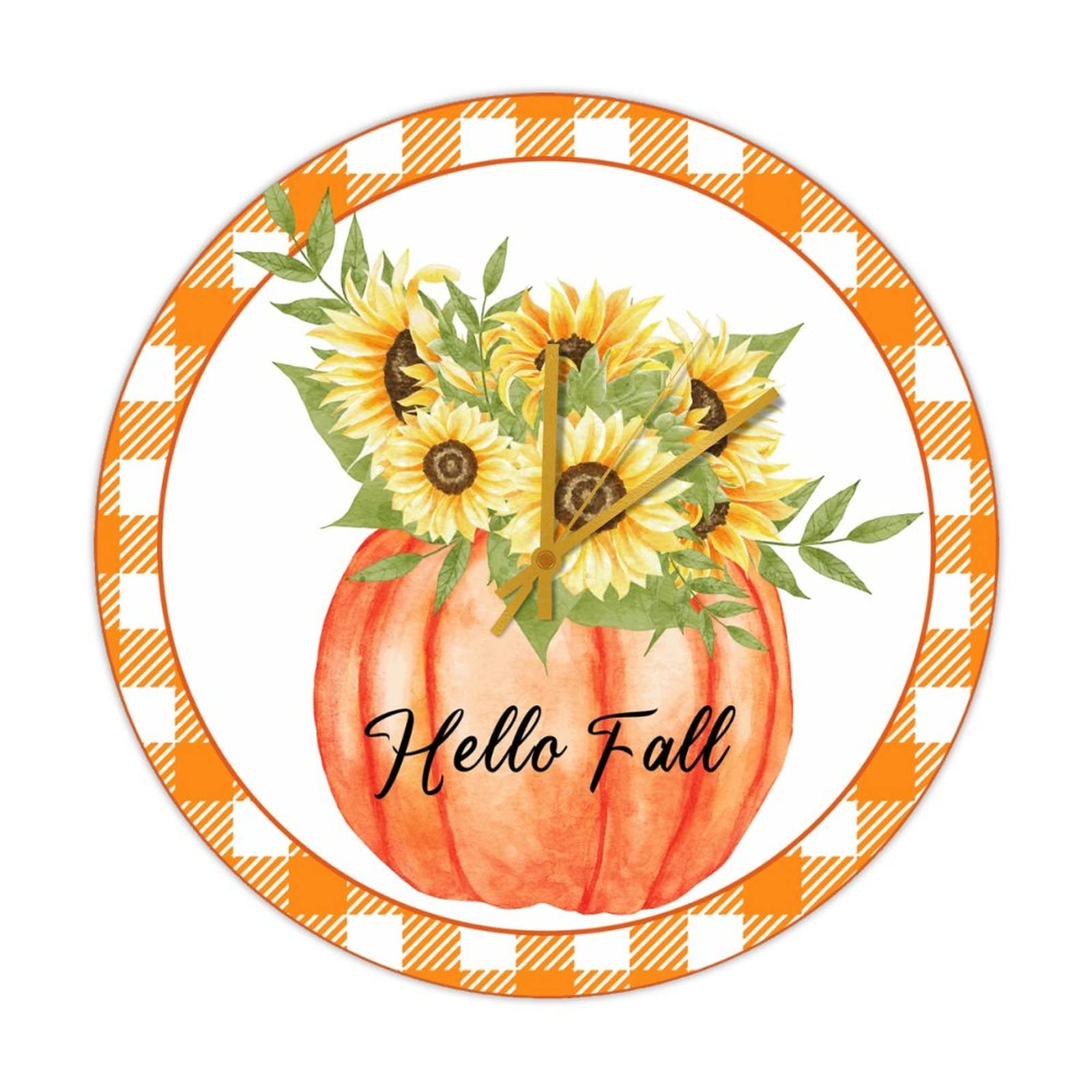 Horloge ronde en bois Hello Fall citrouille et tournesol murale rétro 38,1 cm