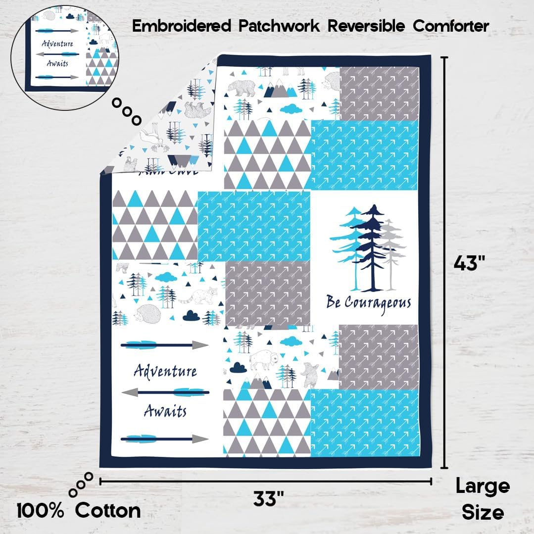 Bacati - Woodlands Forest Animals Aqua/Navy/Grey 4 Piece Cotton Crib Bedding Set with Diaper Caddy for Boys