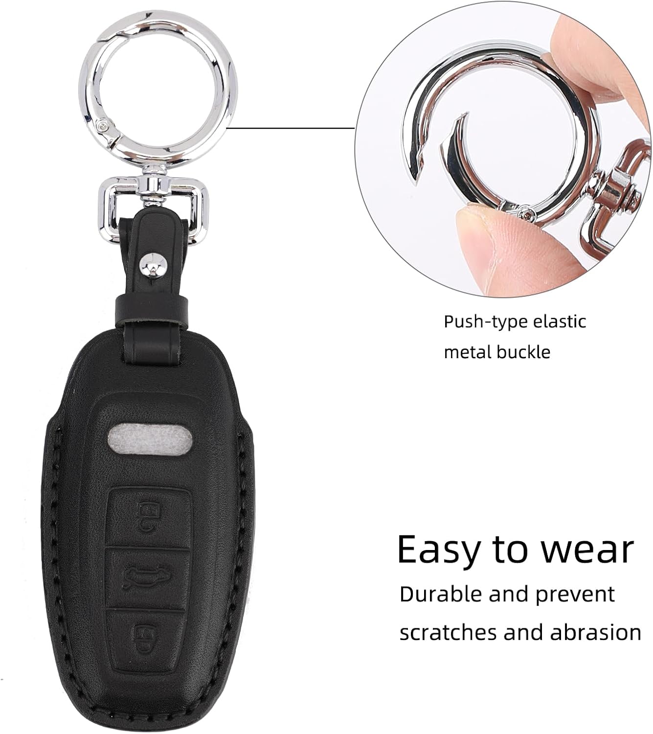 Genuine Leather Key Fob Cover with Keychain, Compatible with 2019-2022 A3, A6, A7, E-Tron, A8, and Q8 Smart Key (Black)