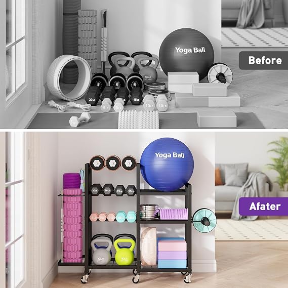 ikkle Home Gym Storage Rack with Wheels, 7-Tier Adjustable Dumbbell Weight Rack, Heavy Duty Weight Storage Stand, Gym Equipment Organizer for Dumbbells, Kettlebells, Yoga Mat, Workout Equipment, Black