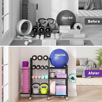 ikkle Home Gym Storage Rack with Wheels, 7-Tier Adjustable Dumbbell Weight Rack, Heavy Duty Weight Storage Stand, Gym Equipment Organizer for Dumbbells, Kettlebells, Yoga Mat, Workout Equipment, Black
