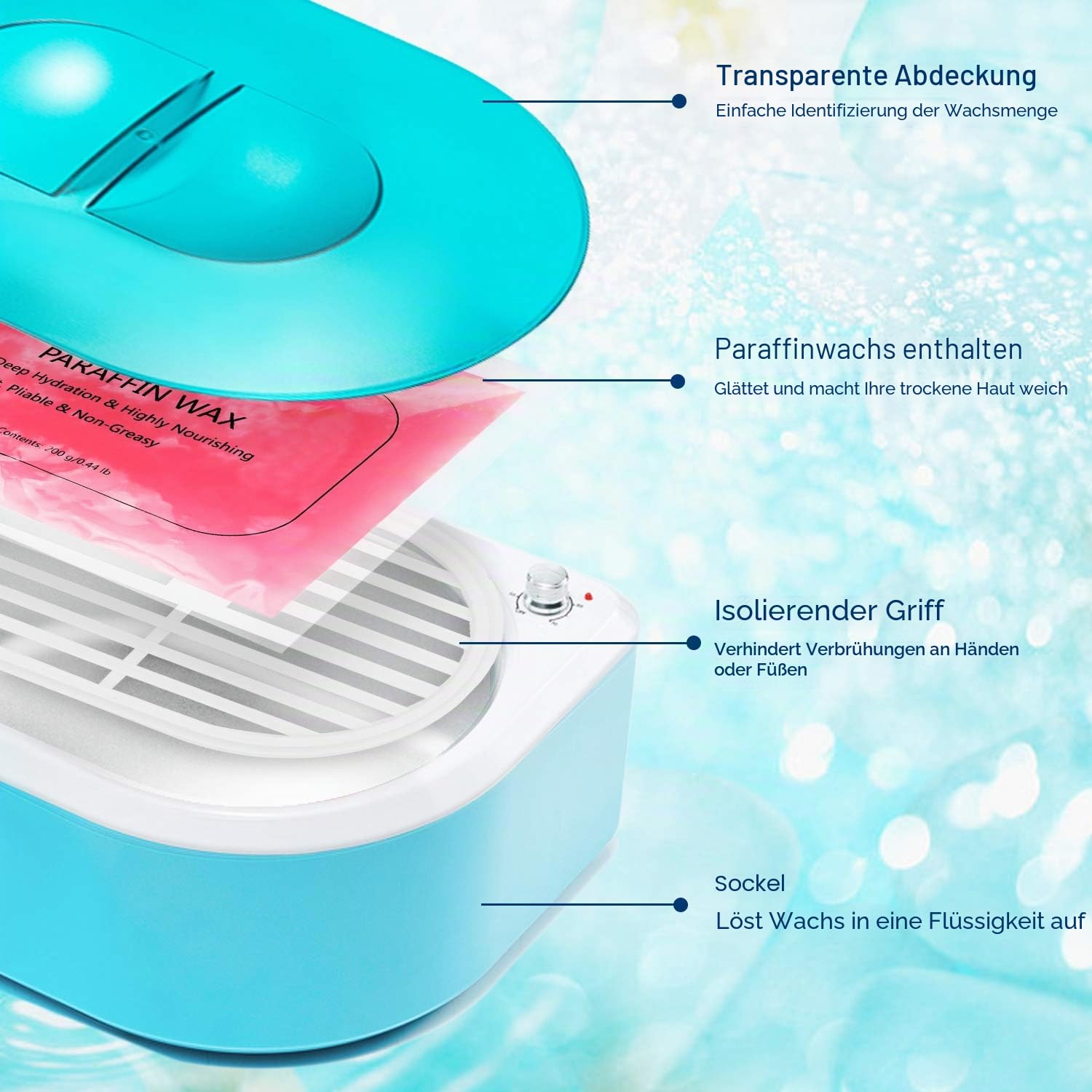 Paraffinbad für Hände und Füße, Professioneller Schnellheiz-Wachserwärmer 265W 2000mL mit 4x200g Paraffinwachs und Zubehör Blau-Weiß