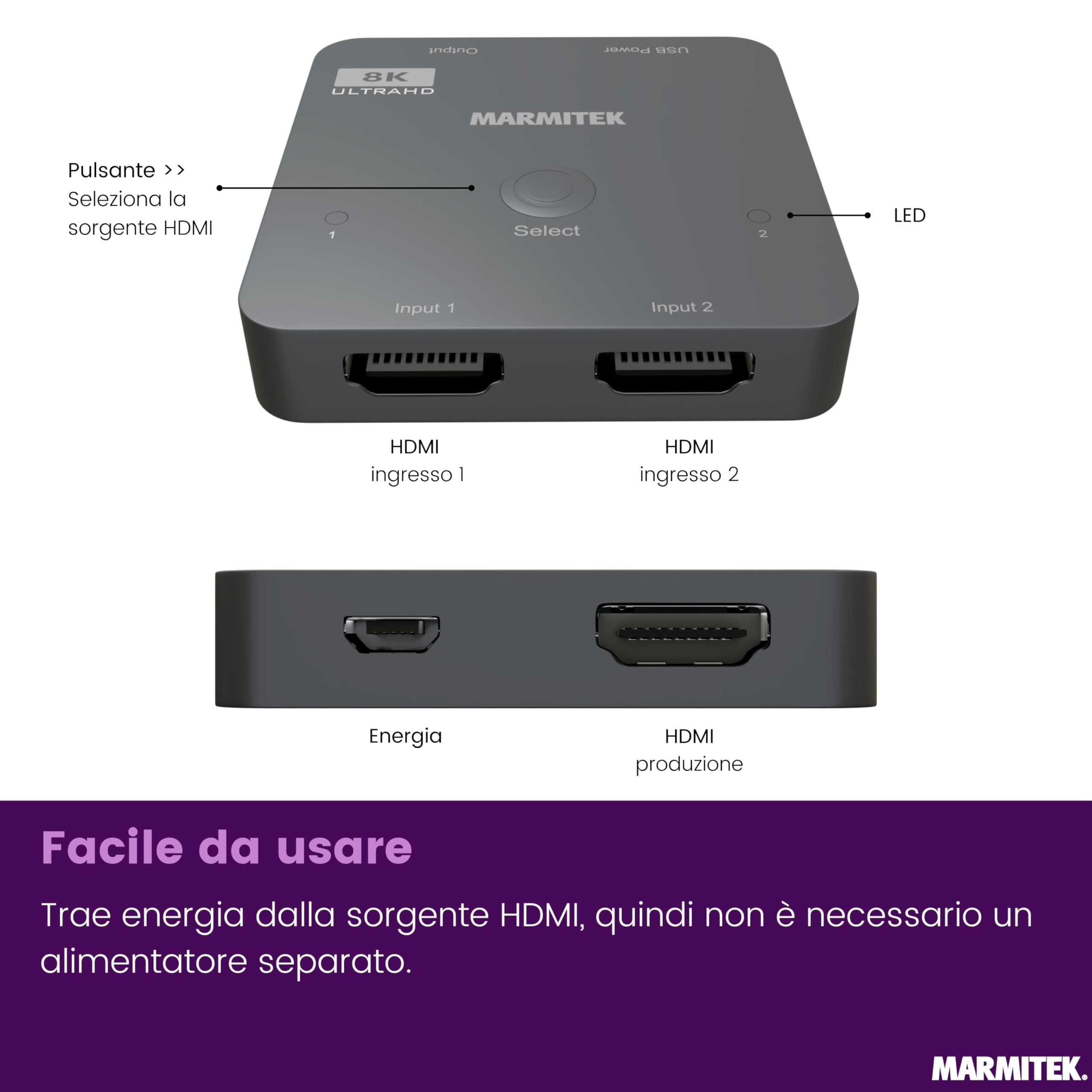 Switch HDMI 8K60 Marmitek AS28-4K120 gaming fluido - HDMI 2.1 2 ingressi 1 uscita - 48 Gbit/s VRR ALLM QMS QFT - commutazione automatica - selettore HDMI