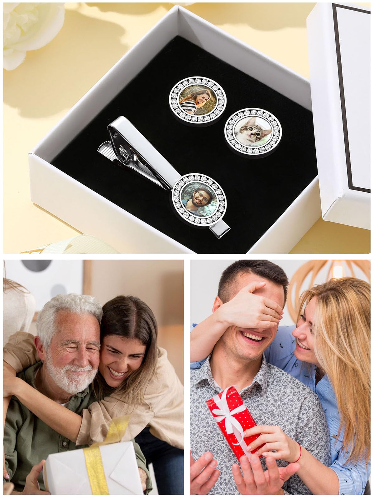 Custom4U Krawattennadel für Herren Personalisierte Krawattenklammer mit Name/Text/Foto Gravur Männer Edelstahl Manschettenknöpfe Krawattenklammern Set in Silber/Gold/Schwarz für Vatertag Alltag