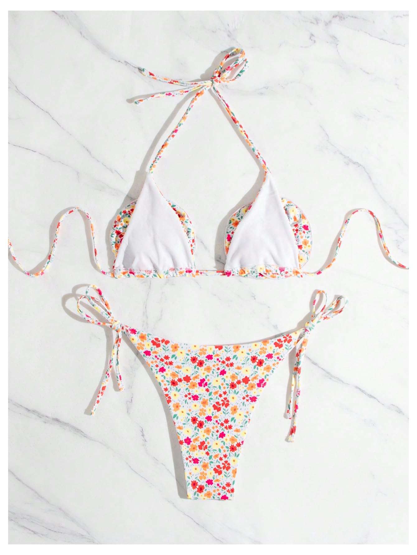 Damski 2-częściowy zestaw bikini z kwiatowym nadrukiem 3D kwiatowy wiązany na szyi strój kąpielowy wielokolorowy mały