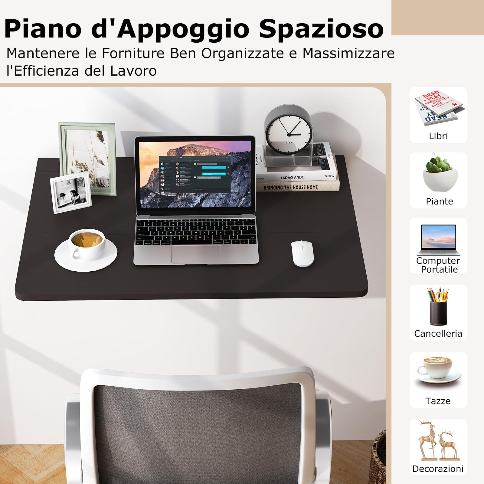 COSTWAY Tavolo Pieghevole a Muro, Tavolino Porta PC da Parete in Legno, Tavolo a Scomparsa Multifunzionale, Ideale per Soggiorno, Cucina e Studio, 80 x 60 x 45 cm (Marrone)