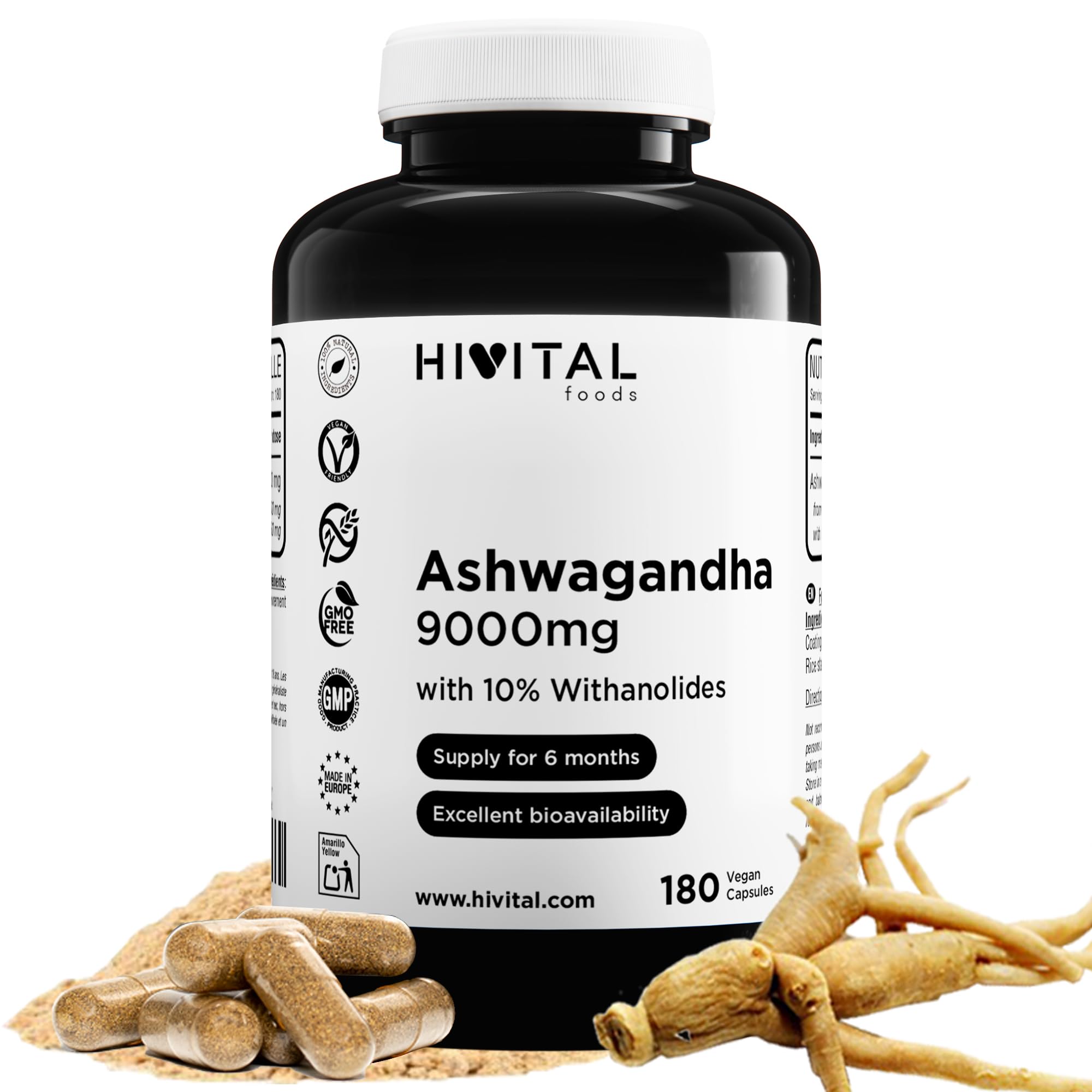 Ashwagandha 9000 mg. 180 gélules végétaliennes pour 6 mois de traitement. Extrait de Withania Somnifera avec 10% de Witanolides. Ginseng Indien. Absorption maximale. Fabriqué en Europe par HIVITAL