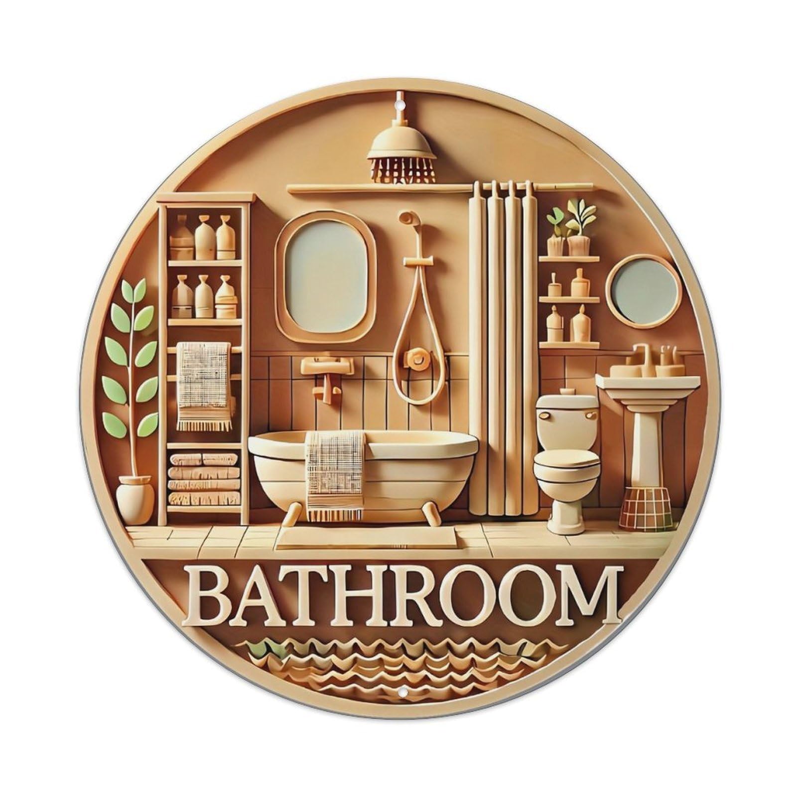 Bathroom Scene Wood Carving Style Metal Tin Sign Plaque