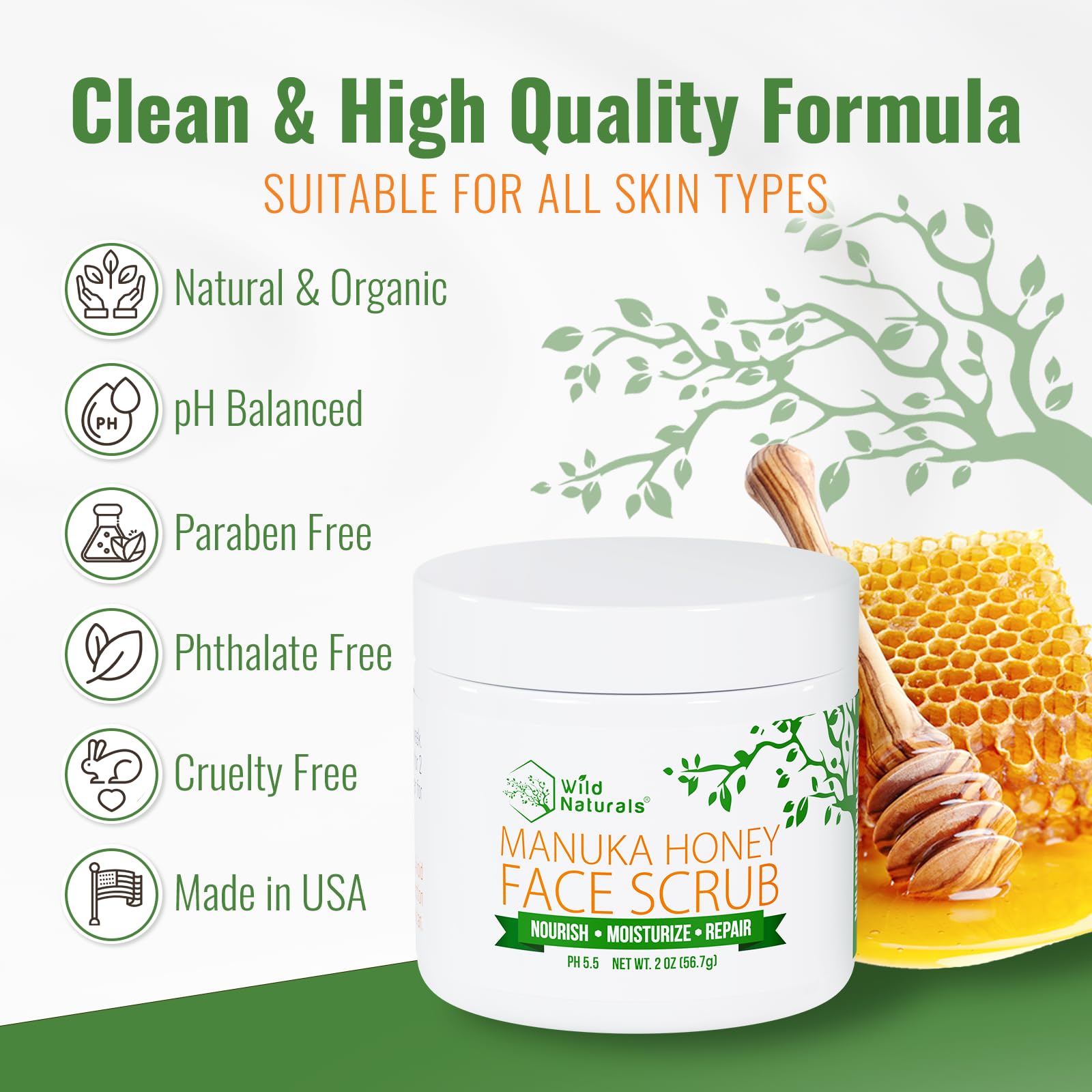 Wild Naturals Manuka Honey Scrub, exfoliante suave y natural para controlar las imperfecciones, limpiador facial no tóxico para acné, eccema, puntos negros, piel seca y sensible E