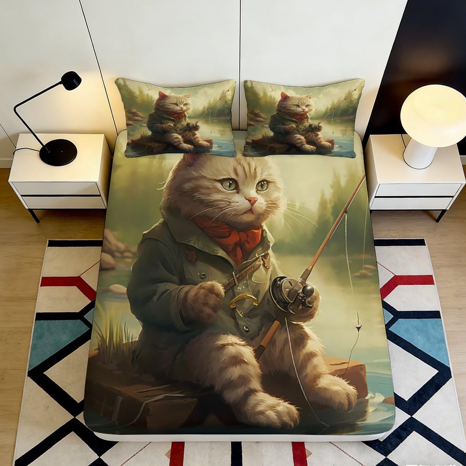 3D Printed Fishing Cat Pattern Fitted Sheet Microfiber Deep Pocket Non-Slip Bedroom Bedding, Fishing Cat Mattress Fitted Cover Washable for Adults 140x200x25cm