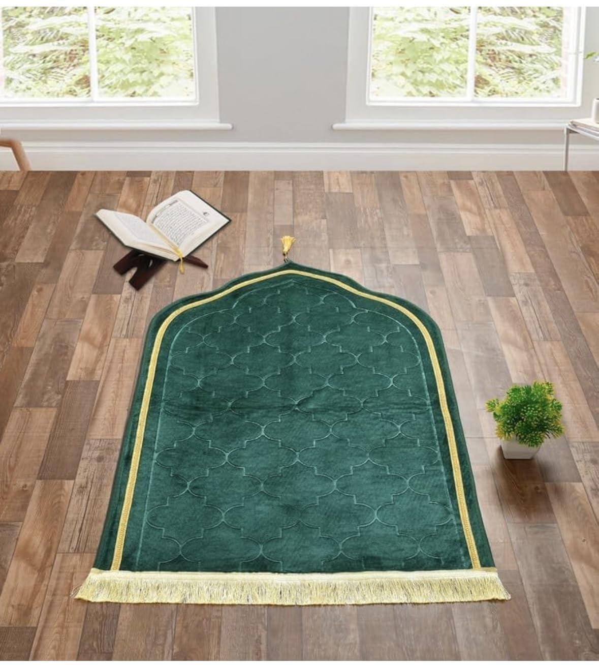 Premium Velvet Lazer Cut Prayer Janamaz Mat 44x28 inch Musalla for Namaz Muslim & Wedding Gift (Green Colour)-image-1