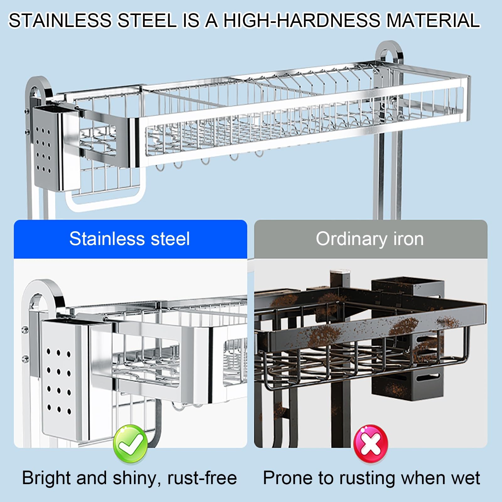 Stless - Scolapiatti da lavello in acciaio inox, con divisorio per un'asciugatura efficiente (argento, 64 cm)
