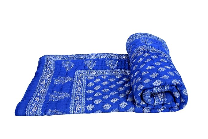 NAMASTE INDIA Cotton asthani Print Blue Jaipuri Single Bed Quilt Razai ai Dohar AC-Blanket