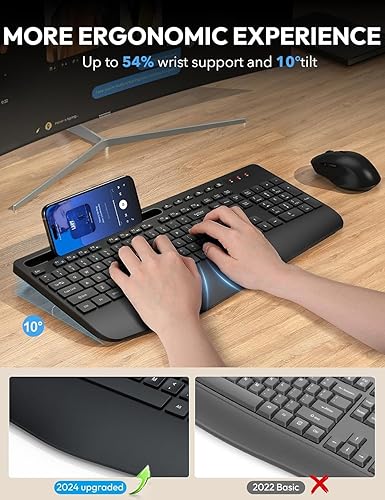 Miniatura 2 de SABLUTE Combo de teclado y mouse inalámbricos reposamuñecas ergonómico de tamaño completo, escritura silenciosa, soporte para teléfono, 2.4 GHz, 3