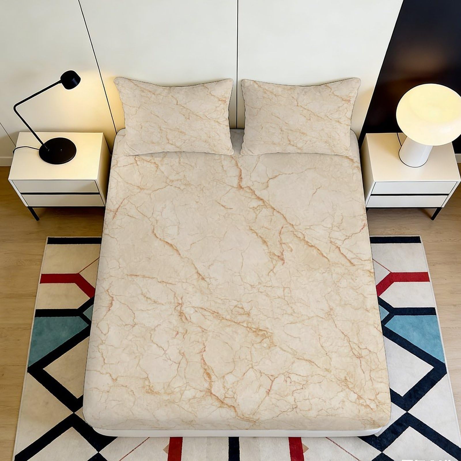 3D Printed Marble Pattern Fitted Sheet Microfiber Soft Beige Texture Mattress Cover for Bedroom Guest Room Dorm Decor 90x200x25cm