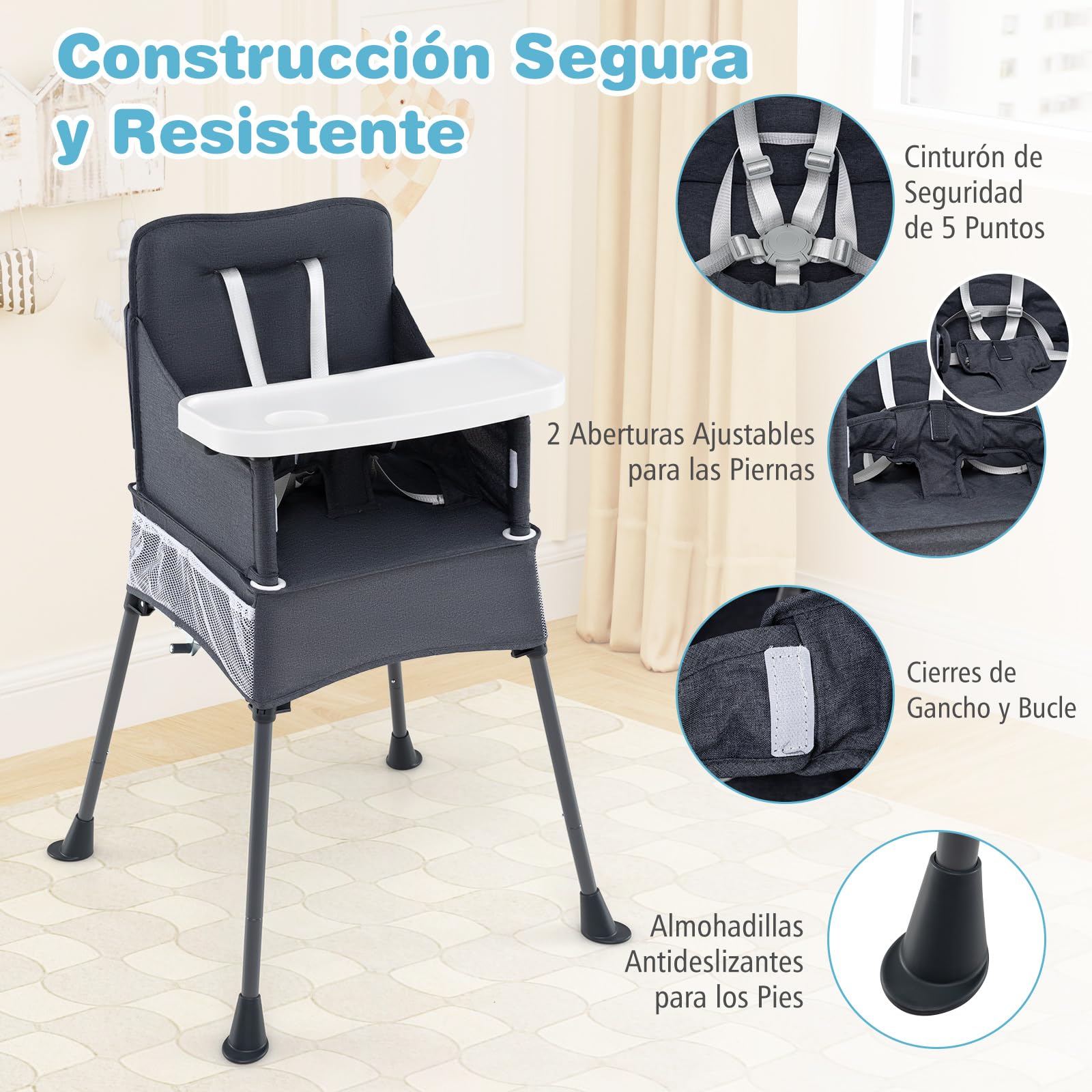 COSTWAY Trona de Bebe Portátil, Silla Plegable para Bebé con Bandeja Ajustable en 2 Niveles, Cinturón de Seguridad y Aberturas Ajustables para las Patas, Bolsillos de Malla, Trona Plegable