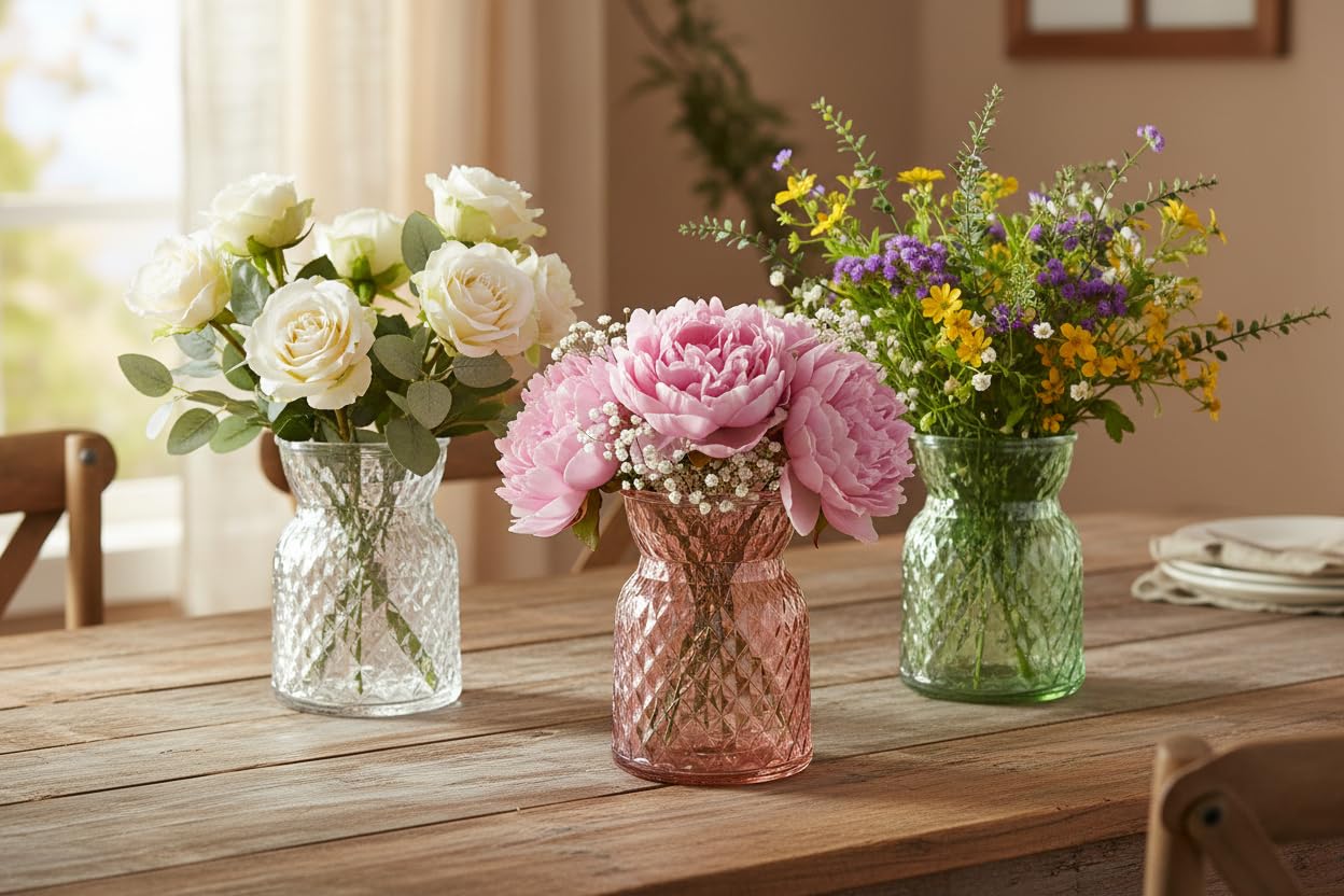 Homestreet Clear Small Glass Flower Vase, 14Cm Height, Waisted Neck, Diamond Textured Pattern, Decorative Bud Vase For Fresh Or Artificial Flowers (Clear)