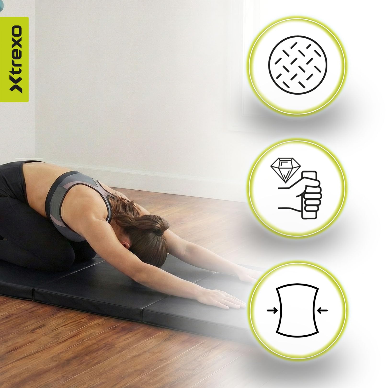 Klappbare Gymnastikmatte – Turnmatte 4-teilig – Kunstleder & EPE-Schaumstoff – Faltbar mit Tragegriffen – Rutschfest für Training, Yoga & Kinderzimmer (Schwarz, 195 x 80 x 5 cm)