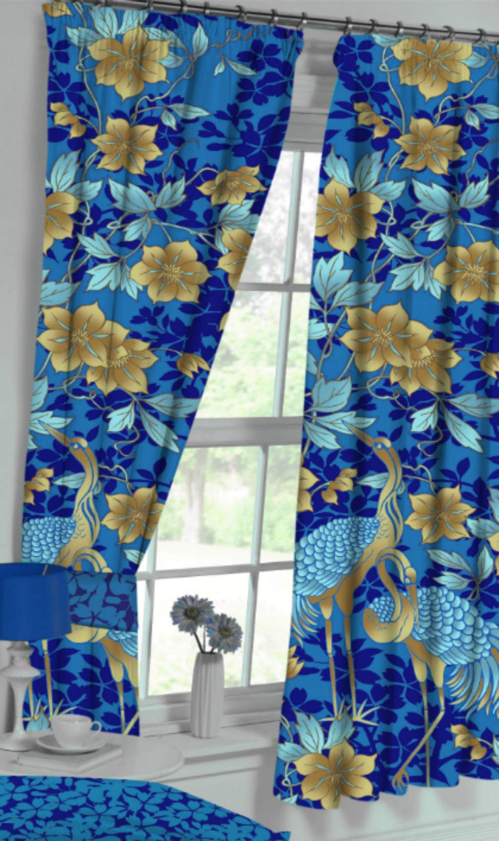 Myhome Blue/Gold Heron Navy 66" X 72" Unlined Pencil Pleat Curtains & Tie Backs Bird Floral