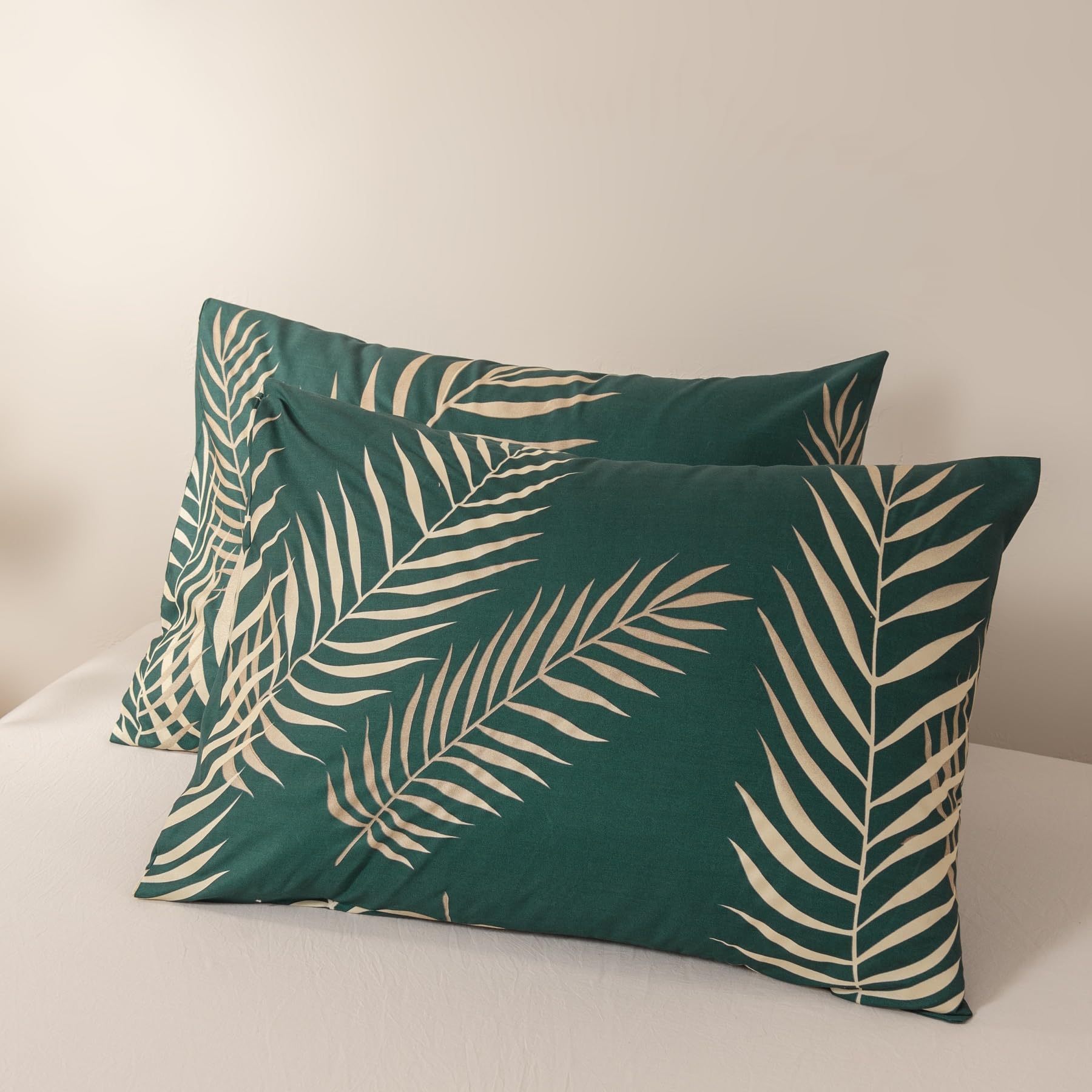 Copripiumino 240 x 260 foglie di palma tropicali, motivo oro verde, set di morbido microfibra, letto matrimoniale e biancheria da letto matrimoniale, con cerniera con federe, 65 x 65 cm