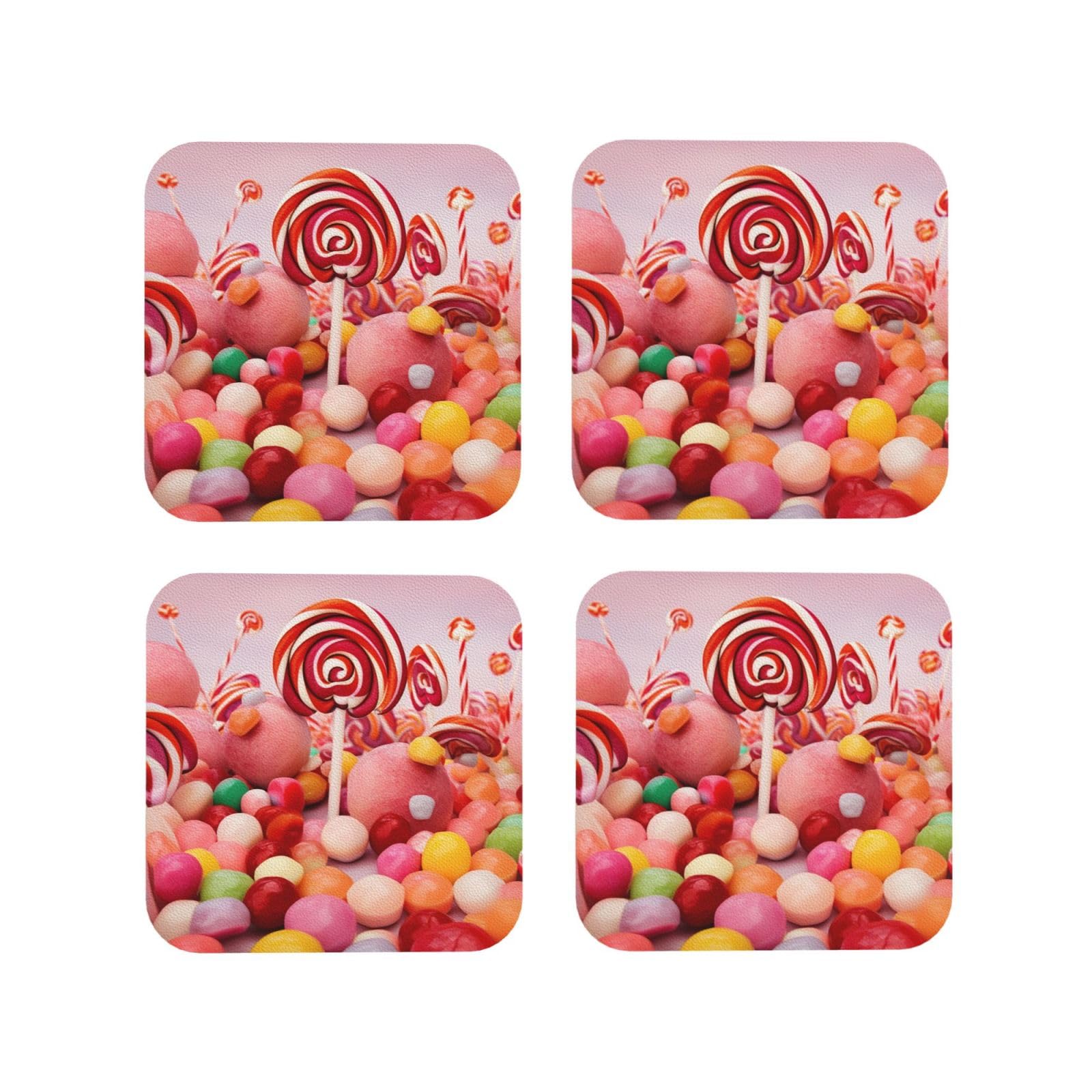 4Pcs PU Leather Coaster for Drinks, Sweet Candy Cup Coastersr 4" Cup Mat Pad, Aesthetic Drink Coasters for Coffee Table, Square Coaster for Tabletop Protection