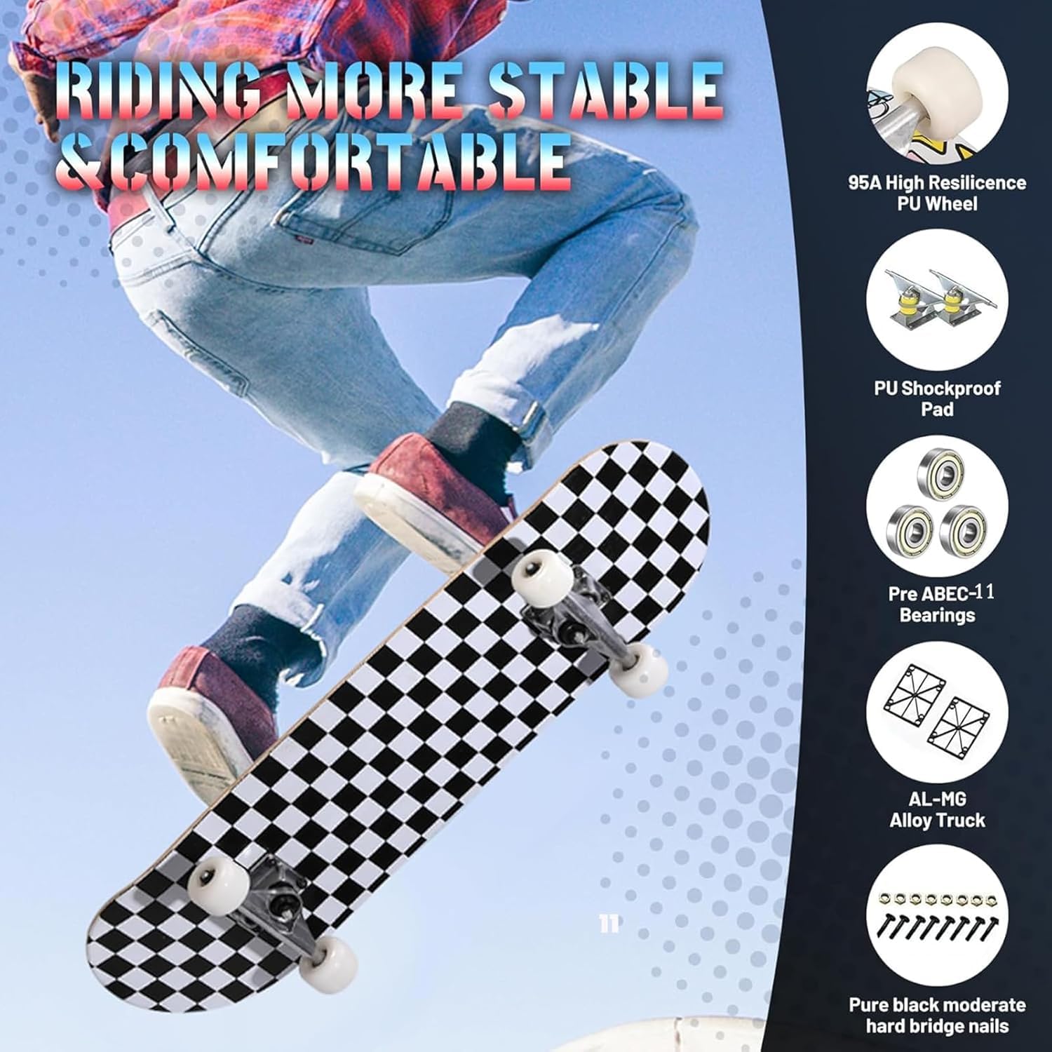 Skateboard Adulte Trick Skate Board pour Débutant, Cadeau d'anniversaire Skateboards pour Enfants Adolescent Adultes