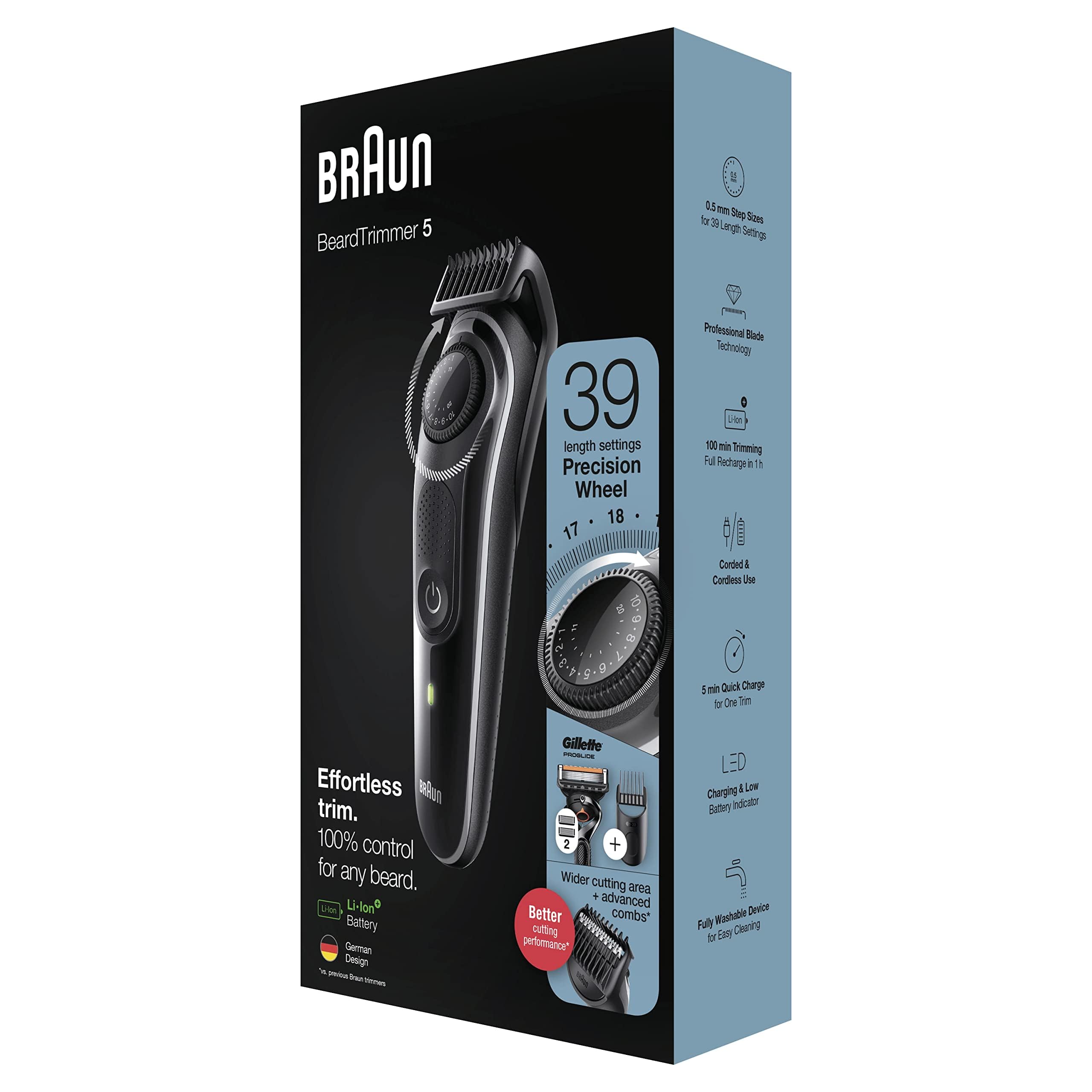 Braun Beard Trimmer 5 BT5342 - Tagliacapelli da uomo, per viso, lame affidabili, 39 impostazioni di lunghezza, nero/grigio