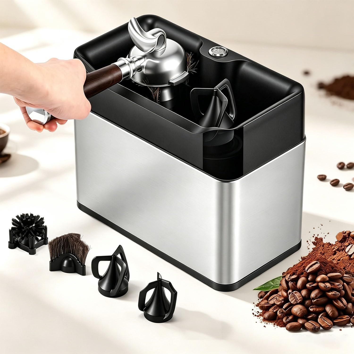 UORDBY Automatic Espresso Handle Cleaner for 58mm Portafilters Silver
