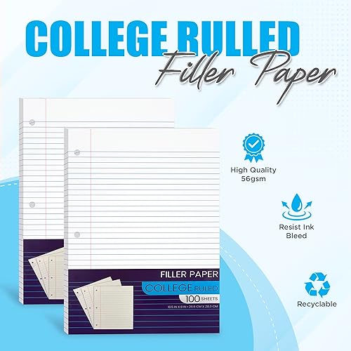 Miniatura 2 de Cuaderno de papel con rayas universitarias, hojas sueltas para carpetas de 3 anillas, 10.5 x 8 pulgadas, para estudiantes, aula escolar, 100 hojas