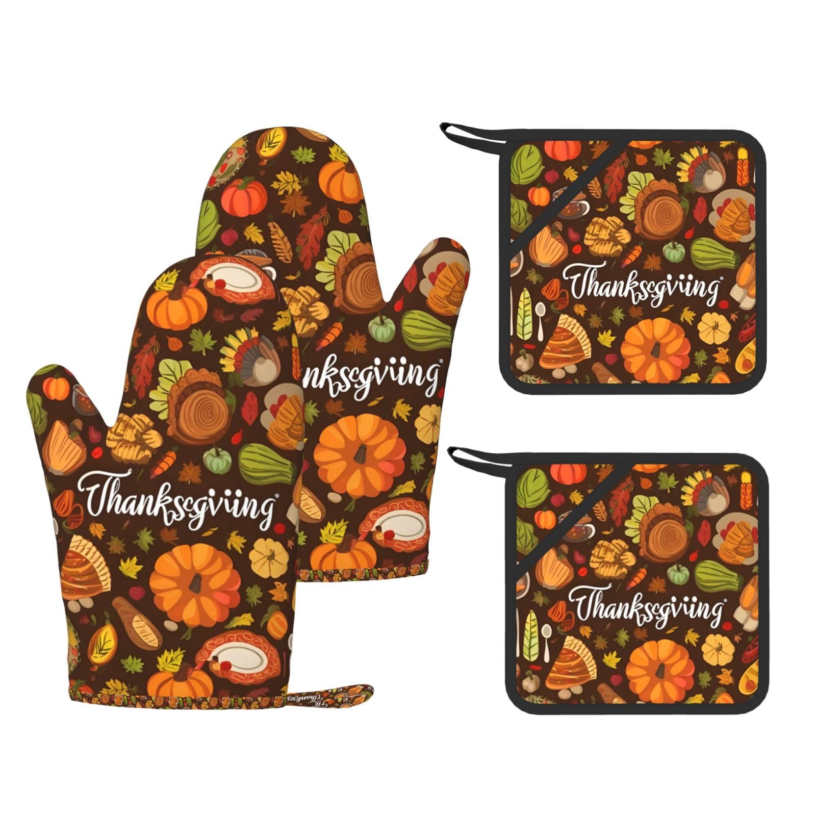 Thanksgiving Print Kitchen Heat Resistant Set,Cooking Kit With Hanging Loop For Baking & Bbq