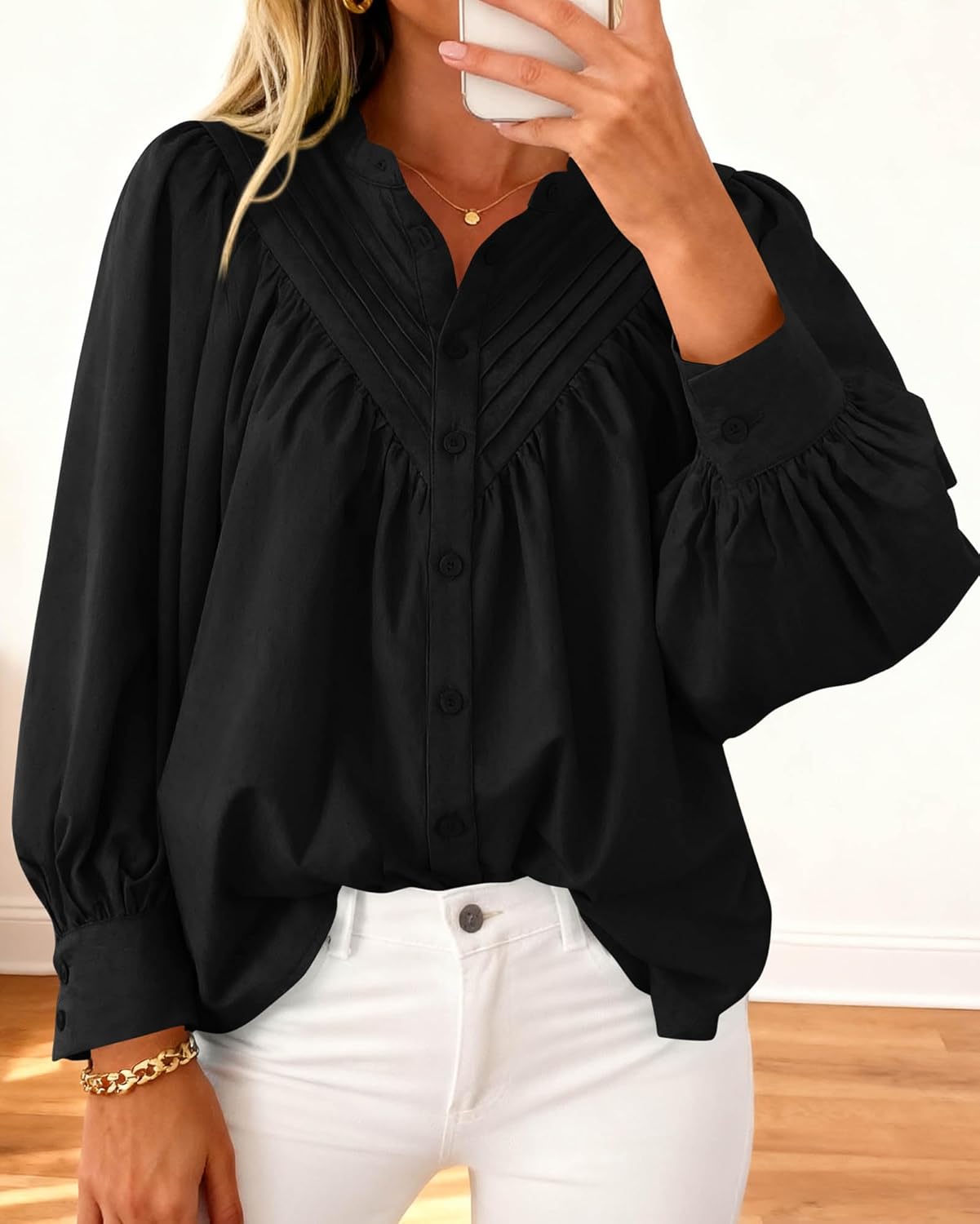 KIRUNDO Blouses for Women Dressy Casual Fashion Clothing Long Sleeve Shirts Loose Fit Button Down Pleated Boho Going Out Tops