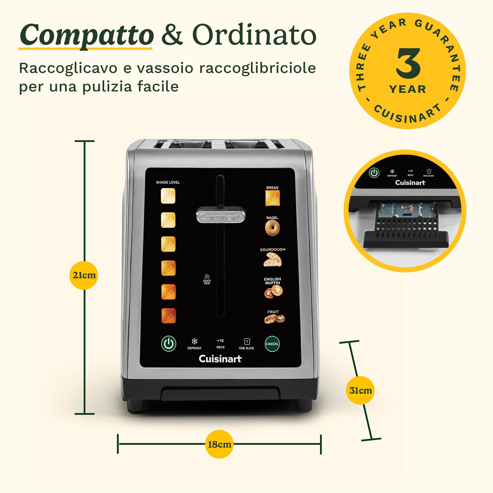 Cuisinart SimpliTouch XL Tostapane 2 fette | Fessure extra-large | Display touch a colori | High-Lift QuickView™ | Programmi pane, bagel, muffin | Funzioni scongelamento, boost +15s | Acciaio inox
