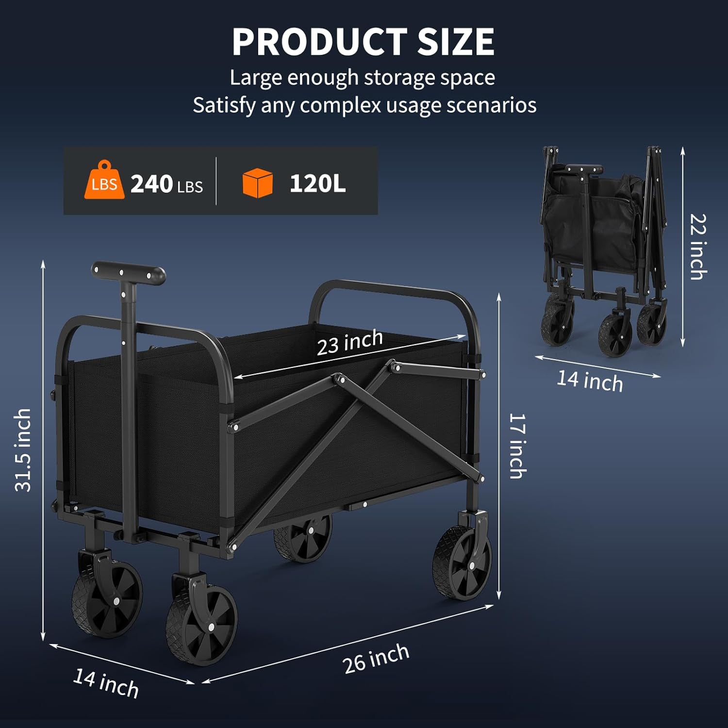 Wagons Carts Foldable, GarveeLife Mini Utility Collapsible Wagon with All-Terrain Wheels & Adjustable Handle, 240 LBS Portable Grocery Wagon for Shopping, Camping, Garden - 120L Capacity