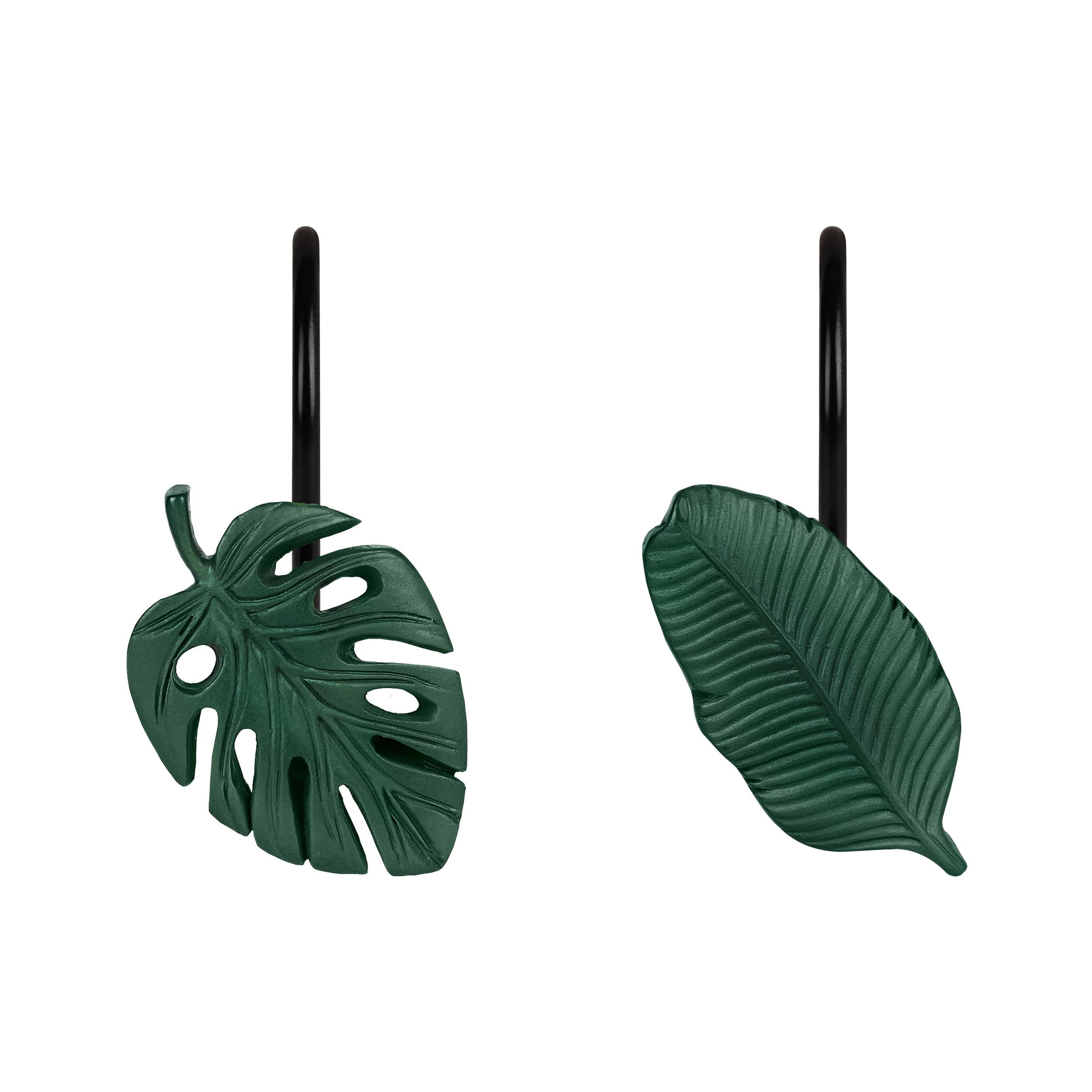 Tropical Leaf Decorative Shower Curtain Hooks, Green Botanical Shower Curtain Rings with Black Hooks, Resin, Monstera Deliciosa Strelitzia Reginae Leaves Shower Curtain Hangers for Bathroom, Set of 12