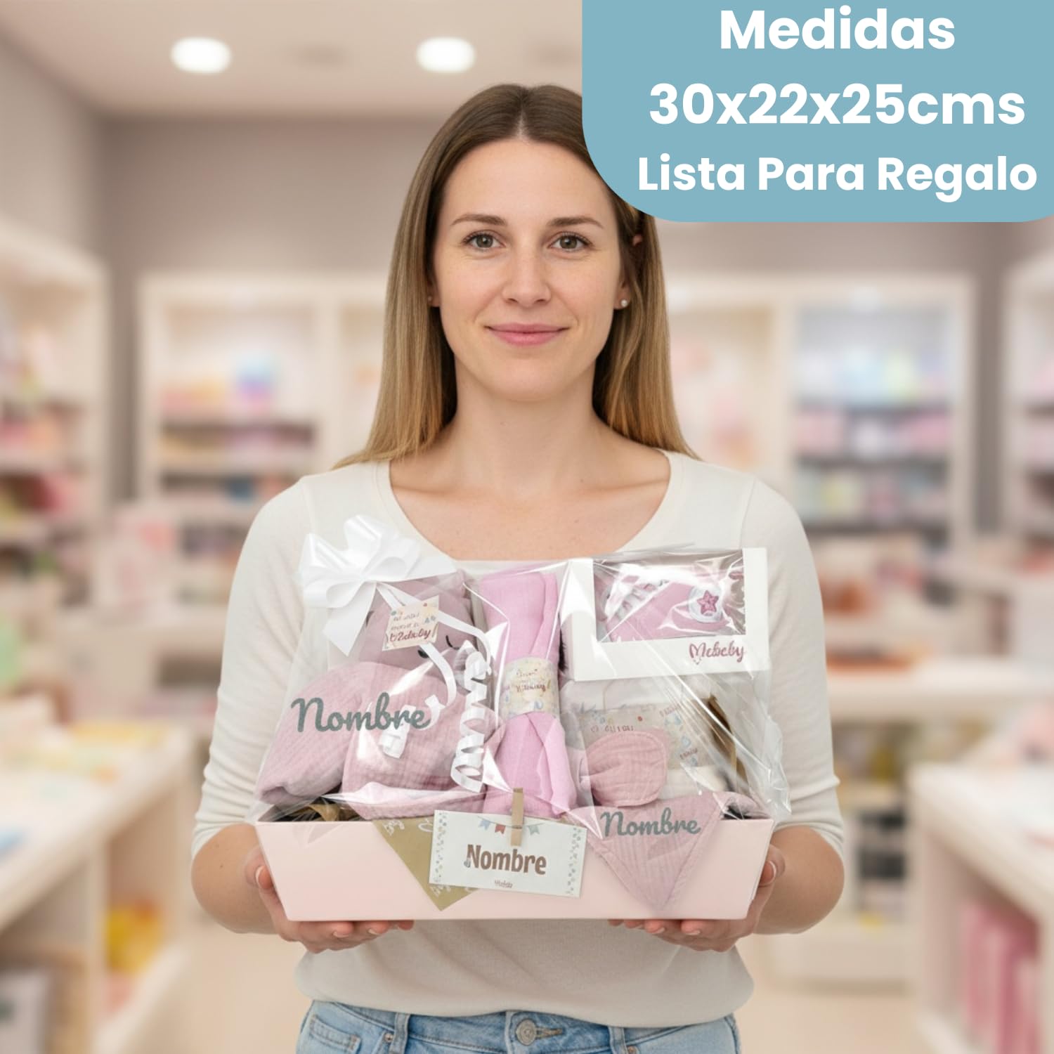 Canastilla “Sneakers” – Dou Dou Personalizado, Babero Bandana con Nombre, Mordedor de Madera, Ropita de Punto, Muselina Algodón, Pastel 6 Pañales y Marco Significado Nombre