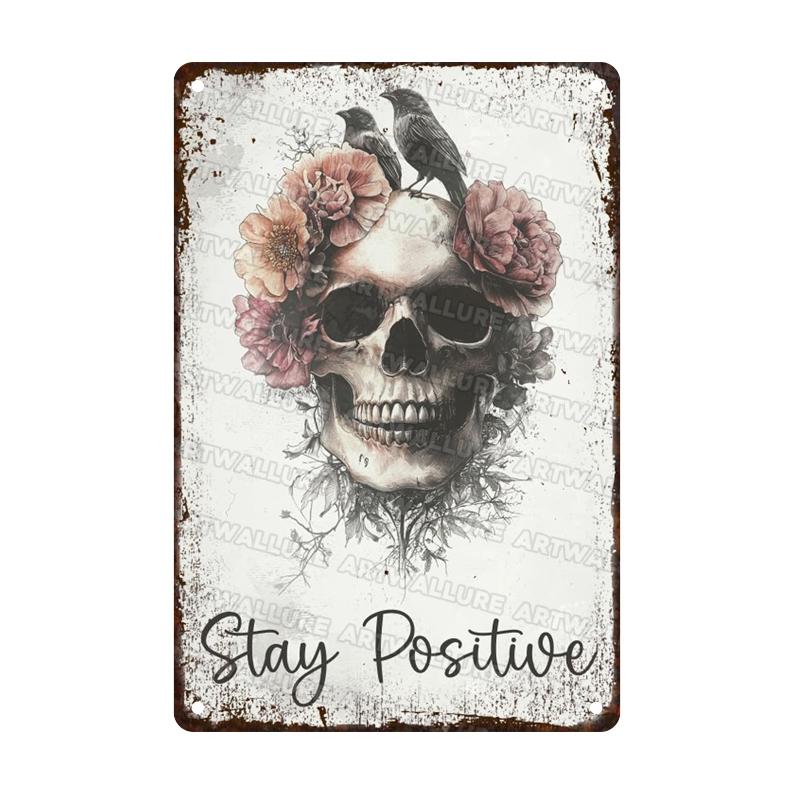 Anceky Vintage Sign Stay Positive Skull Metal Tin Sign Funny Wall Decor for Home Yard Garage Farmhouse Bar Kitchen 12×8 Inch