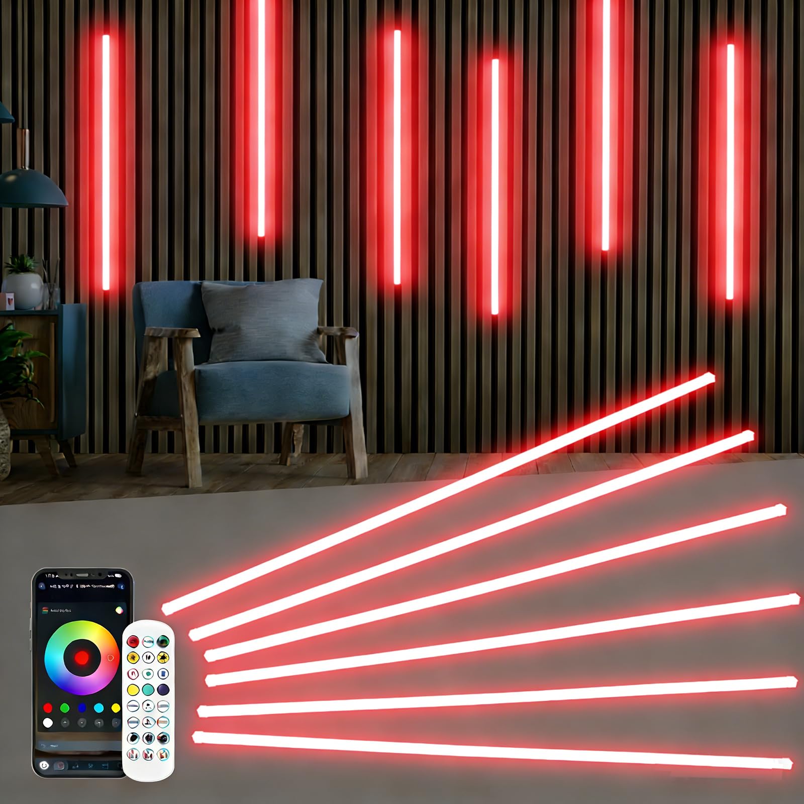 Striscia LED neon per pannelli acustici, 6 strisce LED RGB dimmerabili da 100 cm, per interni, pannelli acustici, scaffali e armadi, controllo tramite app o telecomando e sincronizzazione musicale