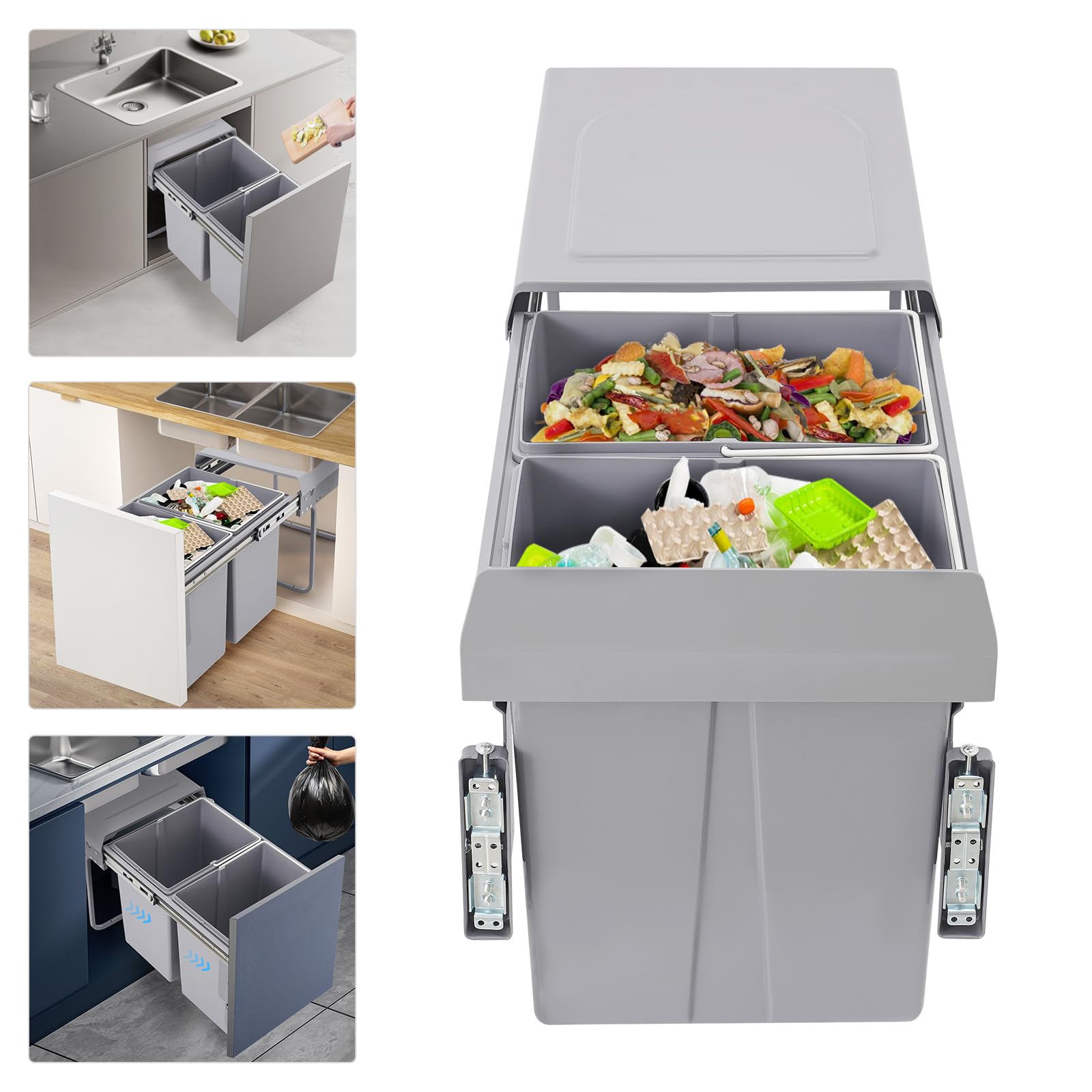 Cubo de basura extraíble para cocina, 2 compartimentos, armario de cocina, 2 x 20 L, sistema de separación de basura para el hogar, restaurante