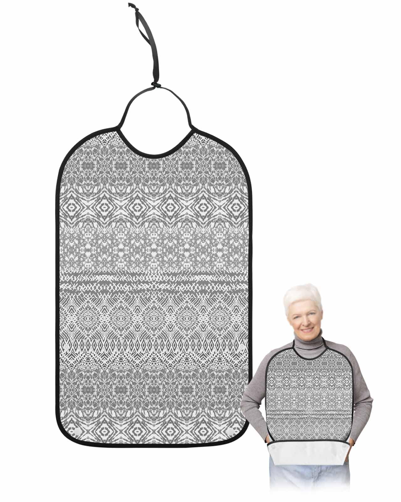 LEOKOTI Black Grey Boho Adult Bibs for Eating, Waterproof Bibs with Food Catcher & Adjustable Snap Closure, Contemporary Abstract Art Geometric Washable Clothing Protectors Adult Bibs for Elderly