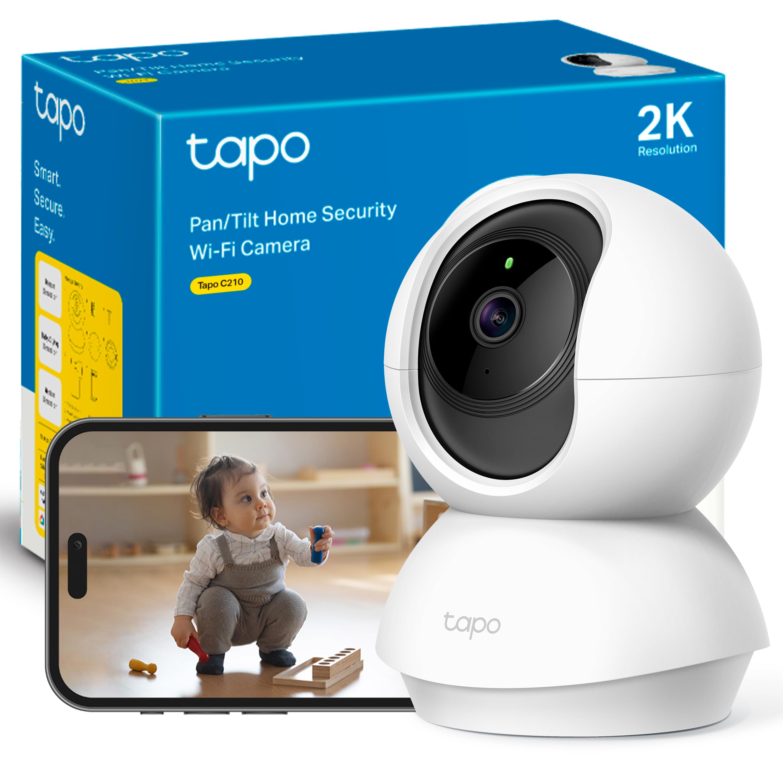 Tapo C210 - Cámara IP WiFi 360° Cámara de Vigilancia 2K (3MP),Visión Nocturna Admite Tarjeta SD hasta 512 GB, Detección y Seguimiento de Movimiento, Control Remoto, Compatible con Alexa Certificado ClimatePartner