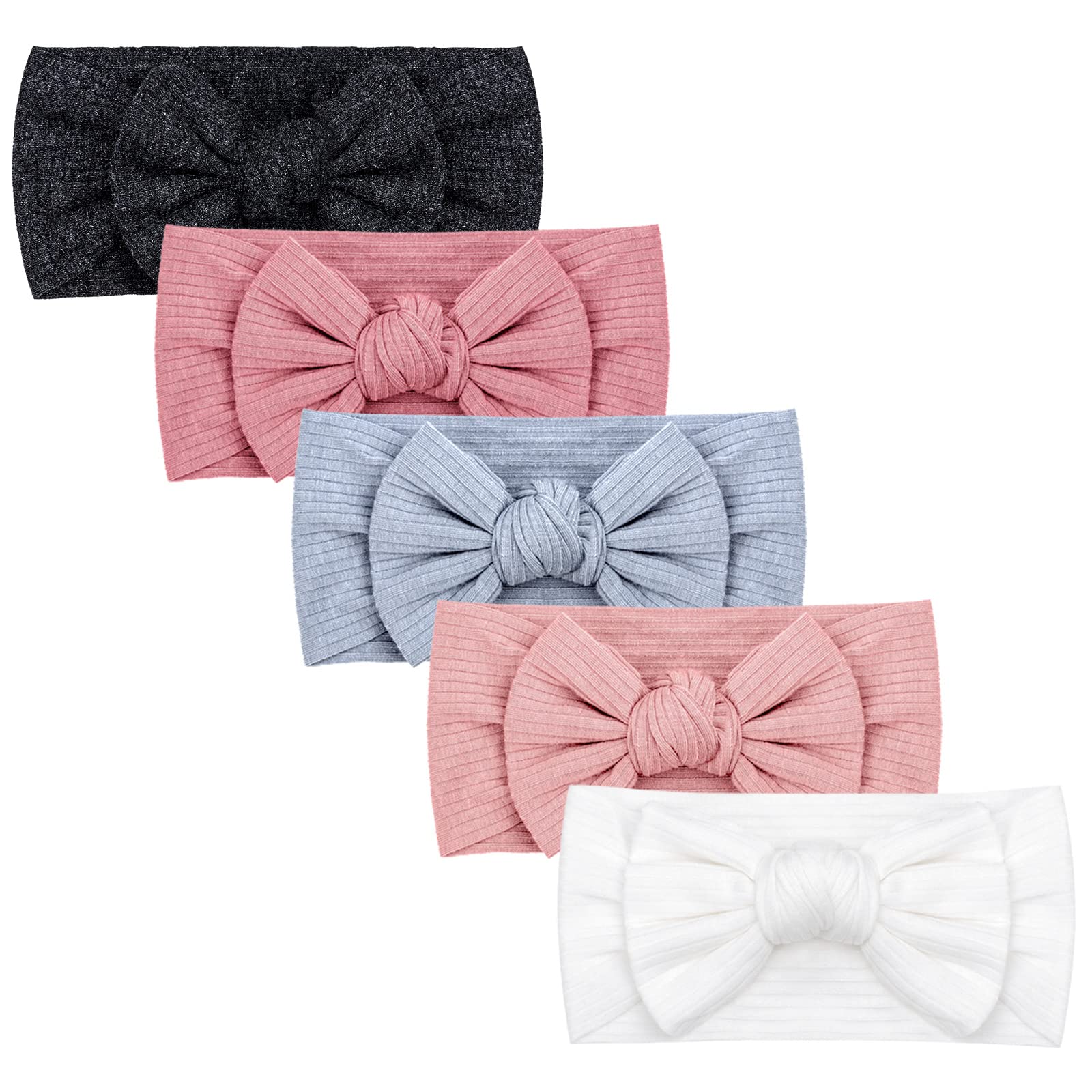 DRESHOW 5 Pack Baby Headbands for Girls Newborn Baby Nylon Headbands with Bows Hair Accessories, 5 Pack Bow Ribbing Set-14