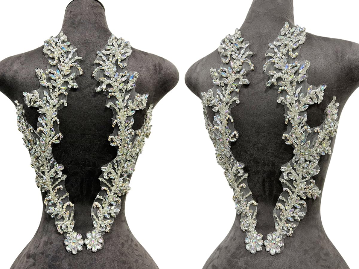 Handmade Beaded Crystal Patches with Rhinestone Applique Designs for Prom Formal Dress 1pair/Bag (Silver)