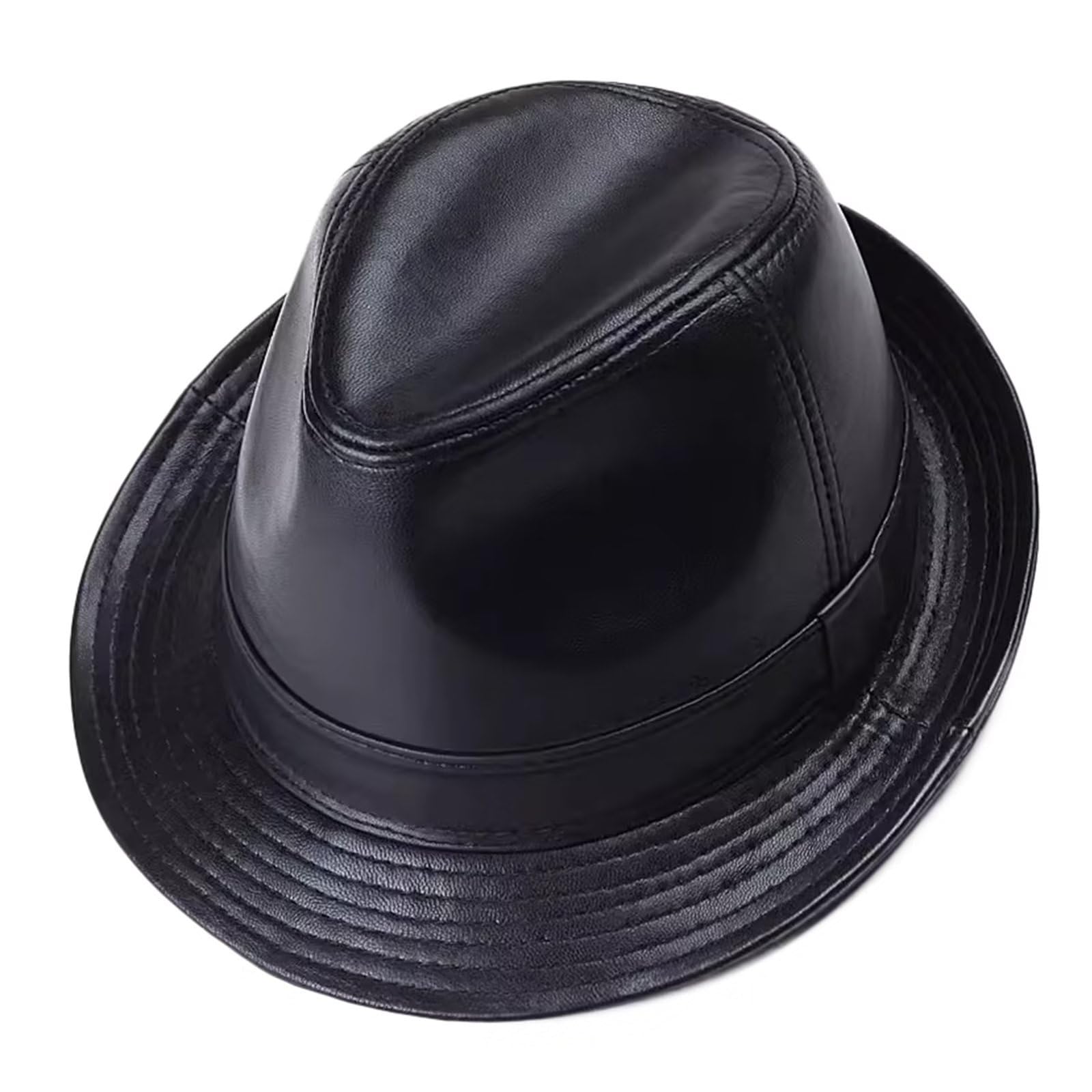 Fedora Pelle Cappello da Jazz Uomo Elegante Berretto in Pelle Autunnale Invernale Cappello a Tesa Larga retrò Cappelli Trilby da Esterno