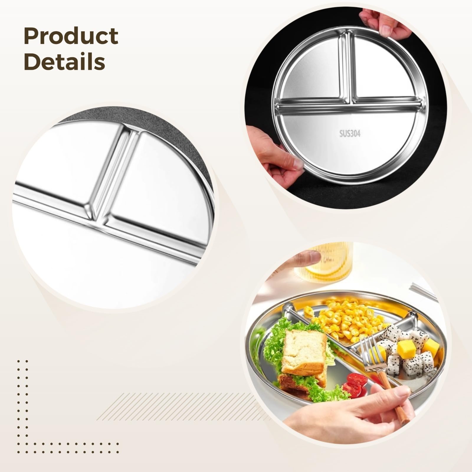 Lot de 4 assiettes divisées en acier inoxydable, design à 3 compartiments, résistantes à la corrosion, idéales pour la préparation et le service des repas