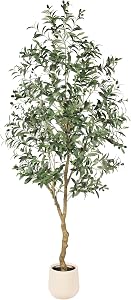 FEELEAD 7ft Olive Trees Artificial Indoor - Tall Faux Olive Tree 7 feet (84") with Pot, Fake Plants Natural Olive Branches and Realistic Leaves Olive Silk Tree for Home Office Decor