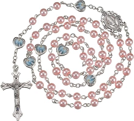 Pink Pearl Beaded Rosarios Catolicos Rosary Necklace with Holy Mary Silver Medal and Cross with Sacred Jesus Crucifix for Women and Girls Faithful Catholic Gifts for First Communion or Baptism