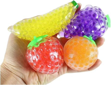 4 Fruit Water Beads Squishy Stress Balls - Fidget & Finger Toys - Fruit Squishy Toys-Sensory Fidget, Banana, Strawberry, Grape, Orange - Gel Ball Fiddle Toy